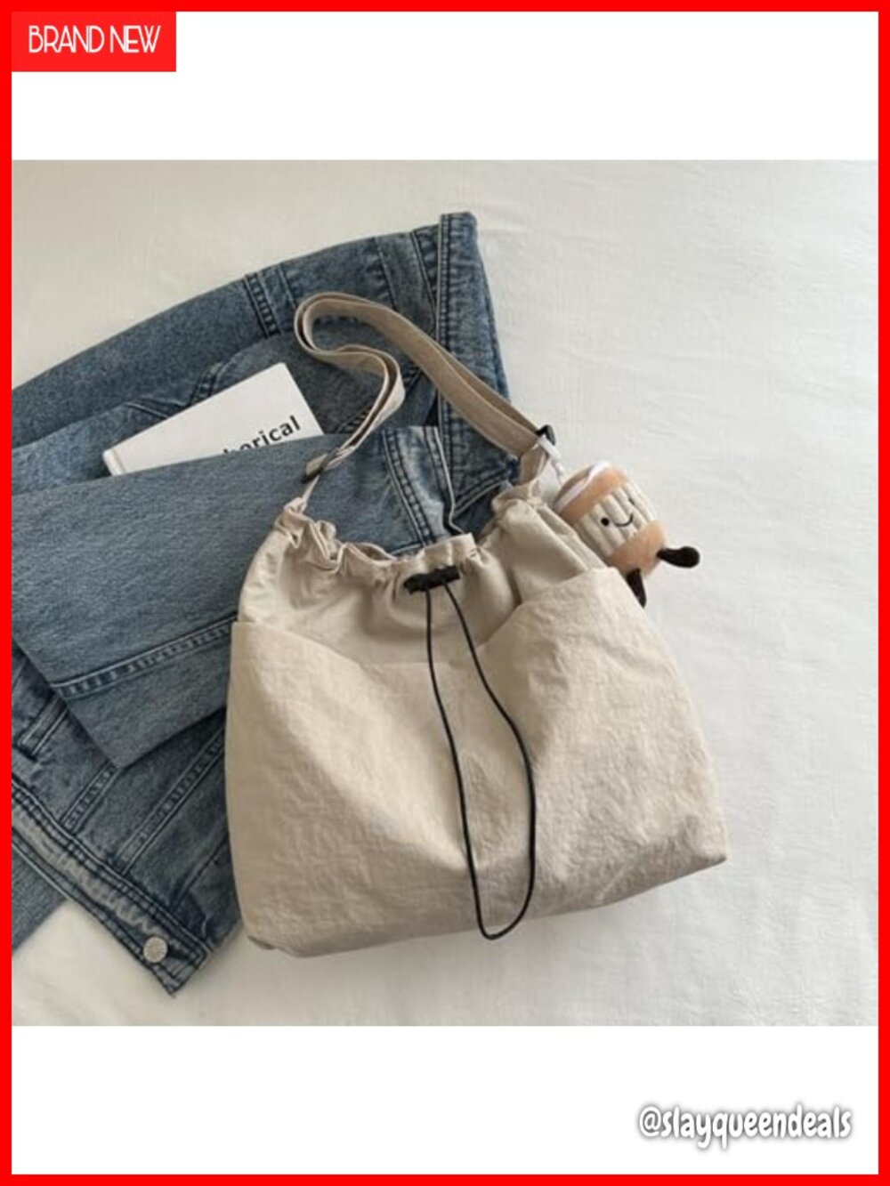 Canvas Crossbody Bag Drawstring Casual Tote Back Zipper Pocket